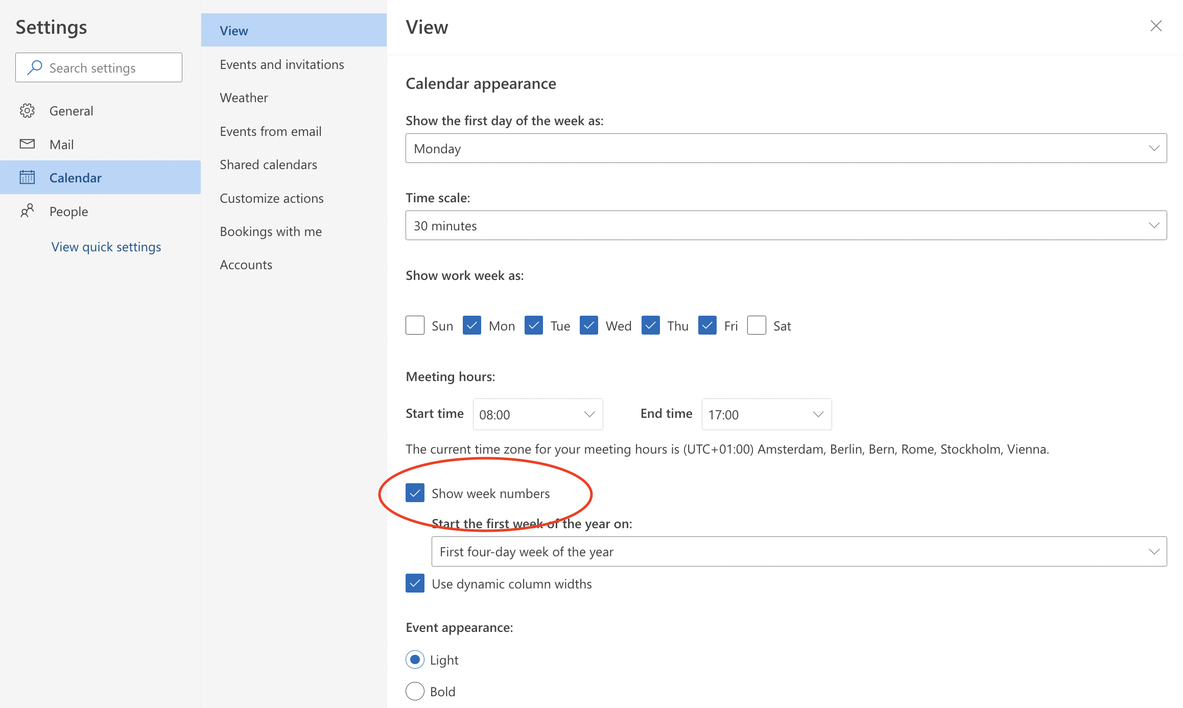 Outlook 365 week numbers setting